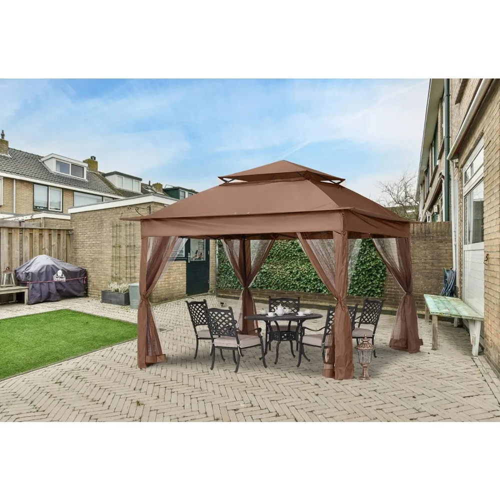 Outdoor Waterproof Awning Patio Gazebo Outdoor Pop Up Gazebo with Mesh Walls (Brown 11x11) Canopy Tent Decor Garden Terrace Home