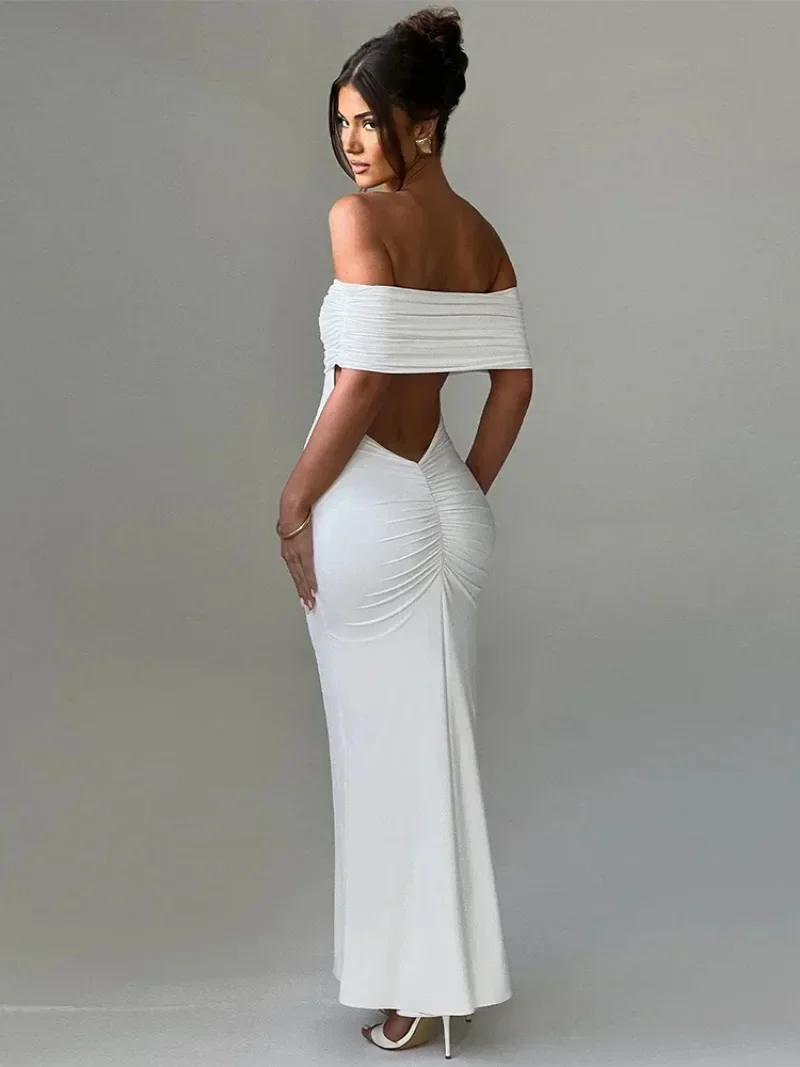 Woman Slash Neck Backless White Dress Evening Party Outfit Ladies Elegant High Waist Bodycon Folds Hollow Out Long Prom Dresses