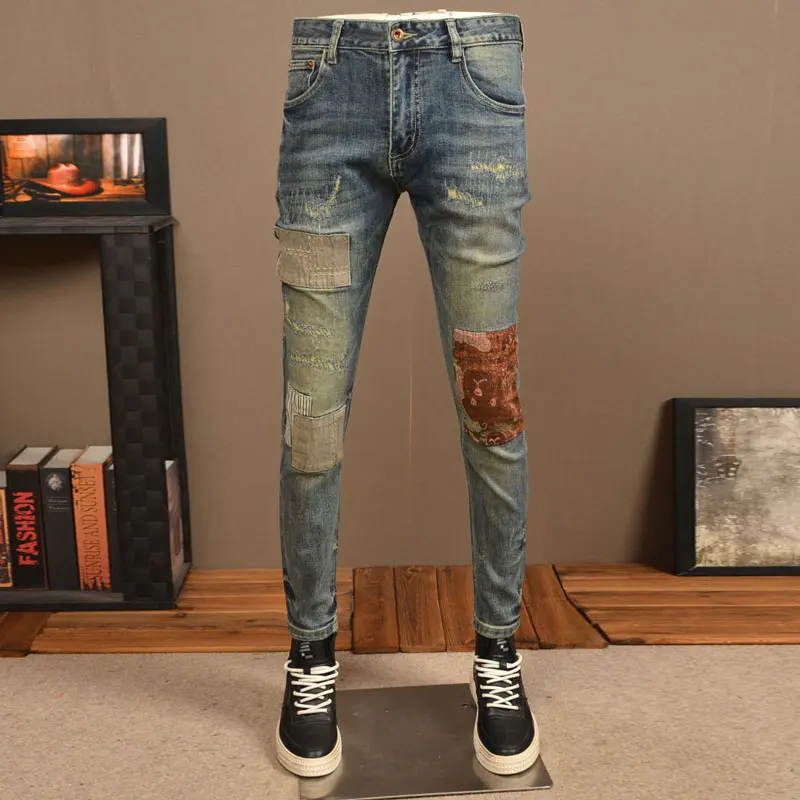 

High Street Fashion Men Jeans Retro Washed Blue Stretch Slim Fit Ripped Jeans Men Patched Designer Vintage Denim Pants Hombre