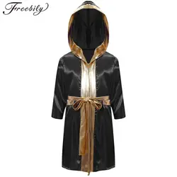 Kids Boys Boxing Robe Halloween Theme Party Boxer Cosplay Costume Long Sleeve Open Front Metallic Satin Hooded Cloak with Belt