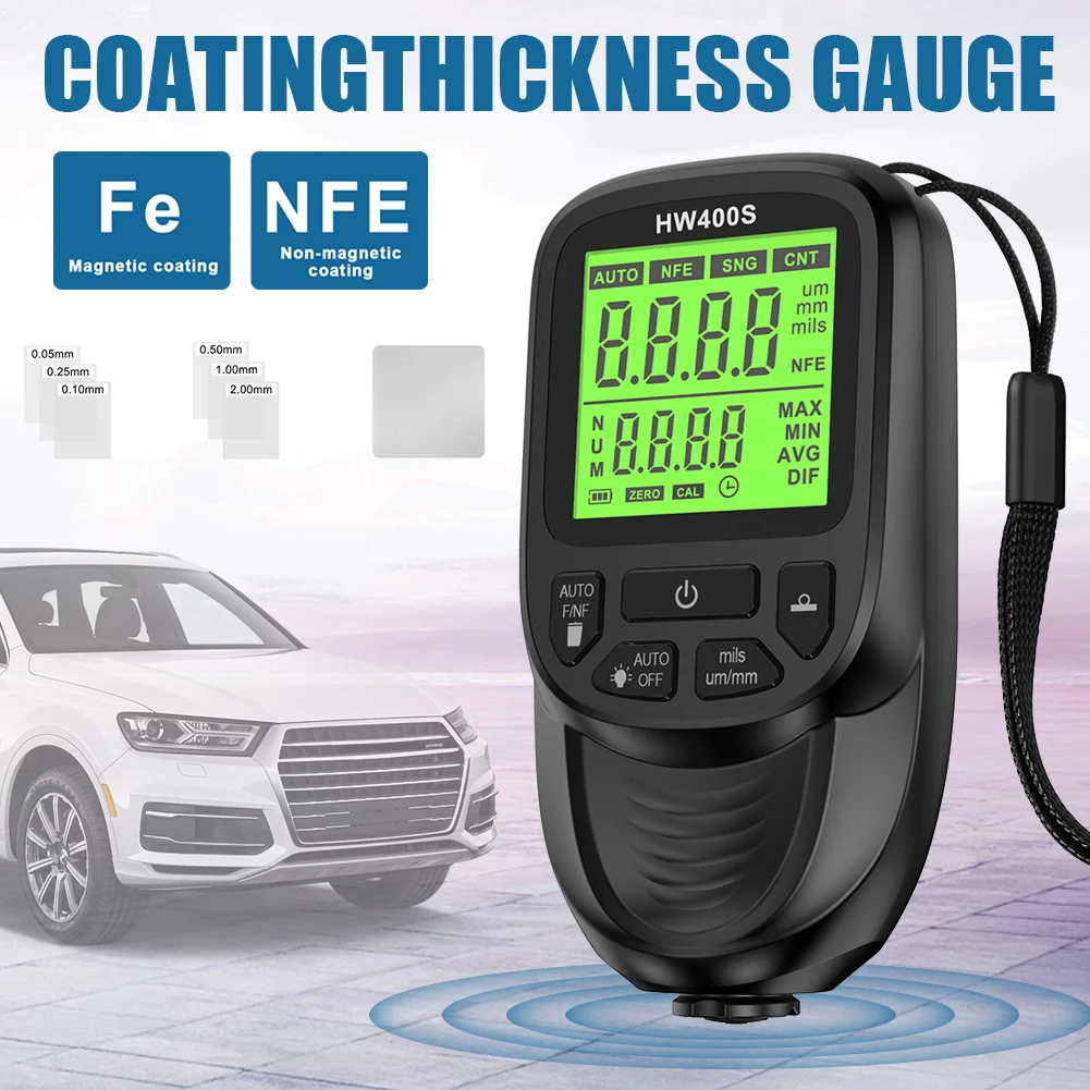 

HW400S Paint Thickness Gauge 0-2000um Coating Thickness Gauge Large Display Metal Car Paint Thickness Meter Battery Operated