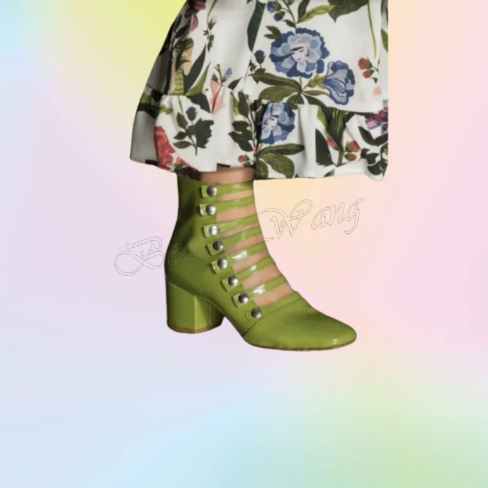 

Green Front Hollow Round Toe Boots Solid Ankle Zipper Shoes Chunky High Heel Shoes for Women 2025 Zapatillas Mujer