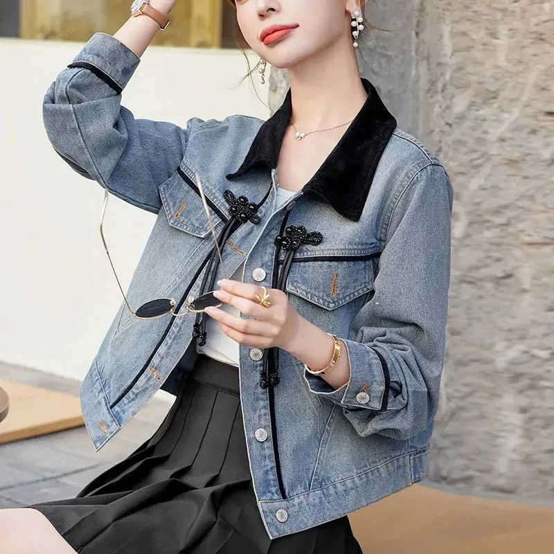 Vintage Jeans Jacket lady Casual All-match Contrast Color Chinese Knot Decorative Denim Coat Women's 2024 Spring New Loose Tops