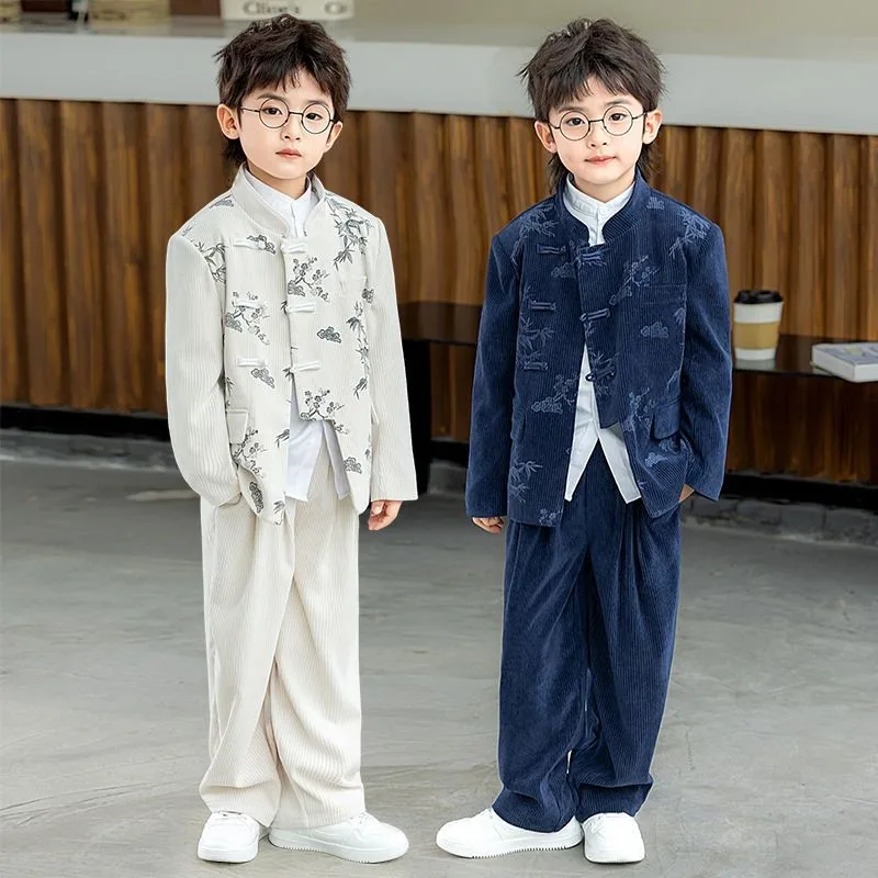 

2026 Boys' Chinese Style Buckle Top Pants 2-piece Kids New Chinese Style Blazer 3-piece Suit Children's Performance ClothesLI790