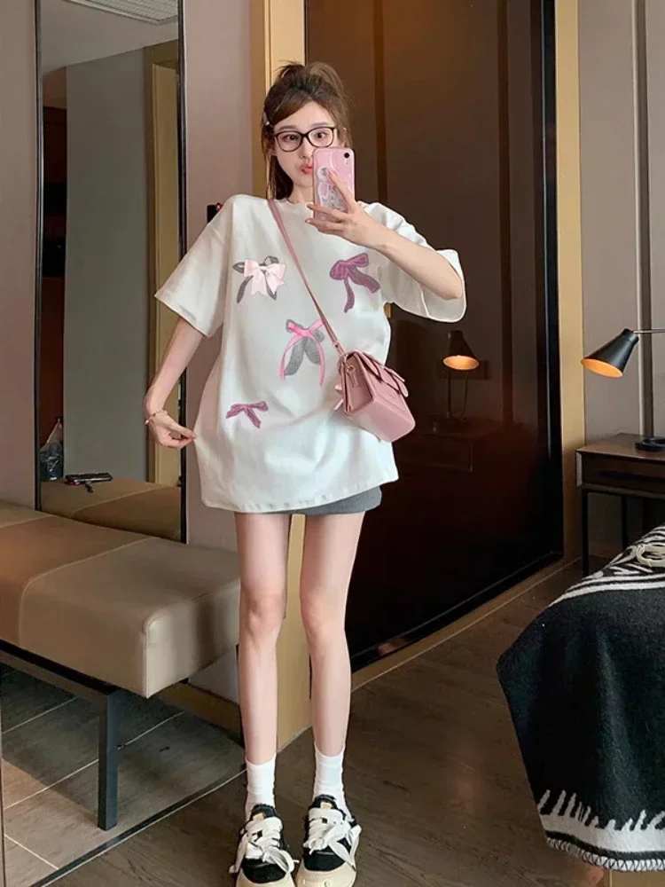 Camisetas femininas casuais soltas arcos estéticos y2k fada grunge elegante doce adorável meninas design manga curta moda verão