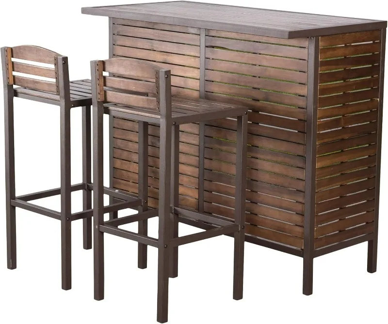 Indoor Acacia Bar Set with Rustic Metal Finish Accents