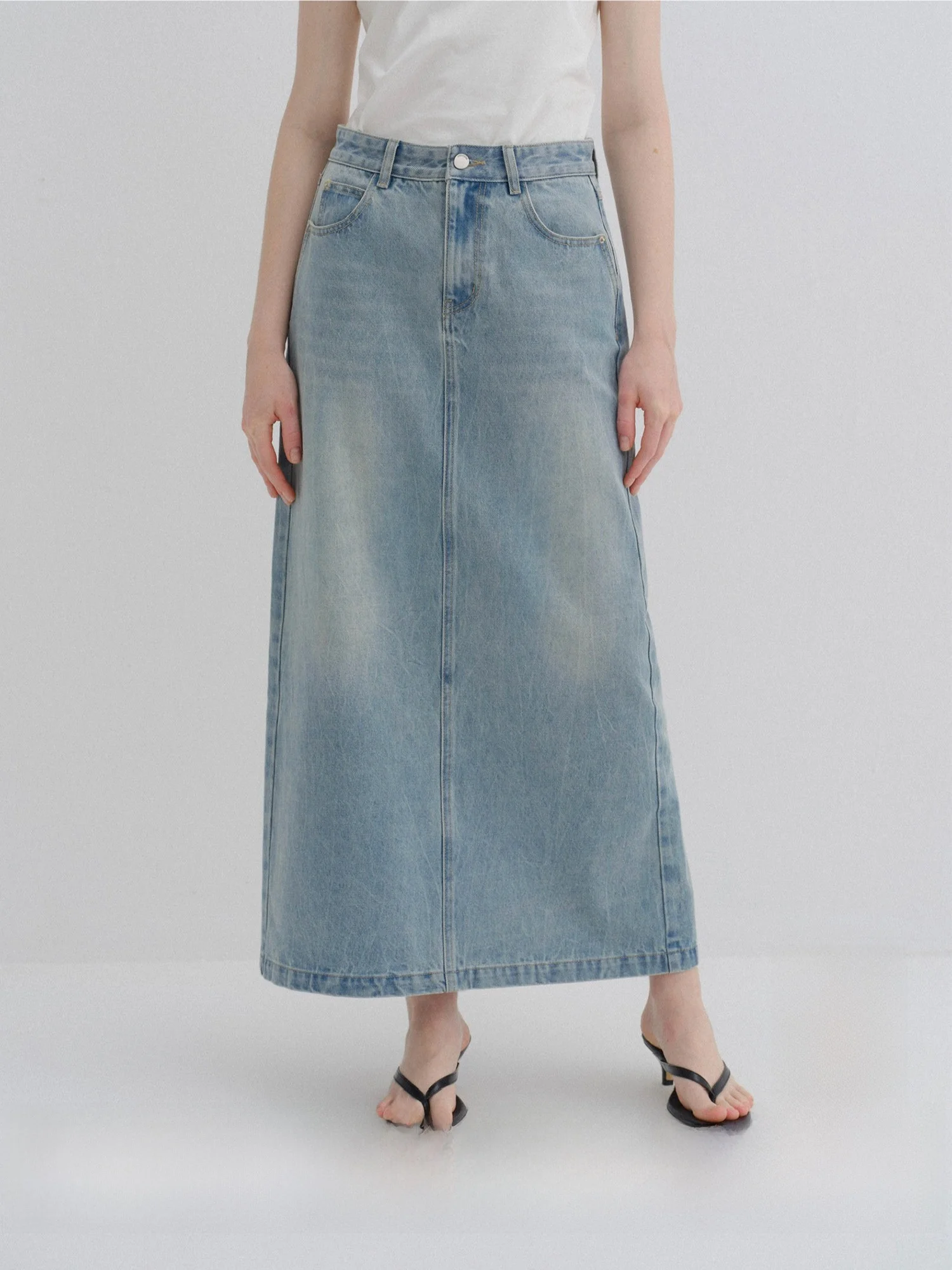 

Sonders Vintage Washed Denim Skirt High Waist Straight Leg Long Half Body Skirt Button Detail City Commute Cotton Blend