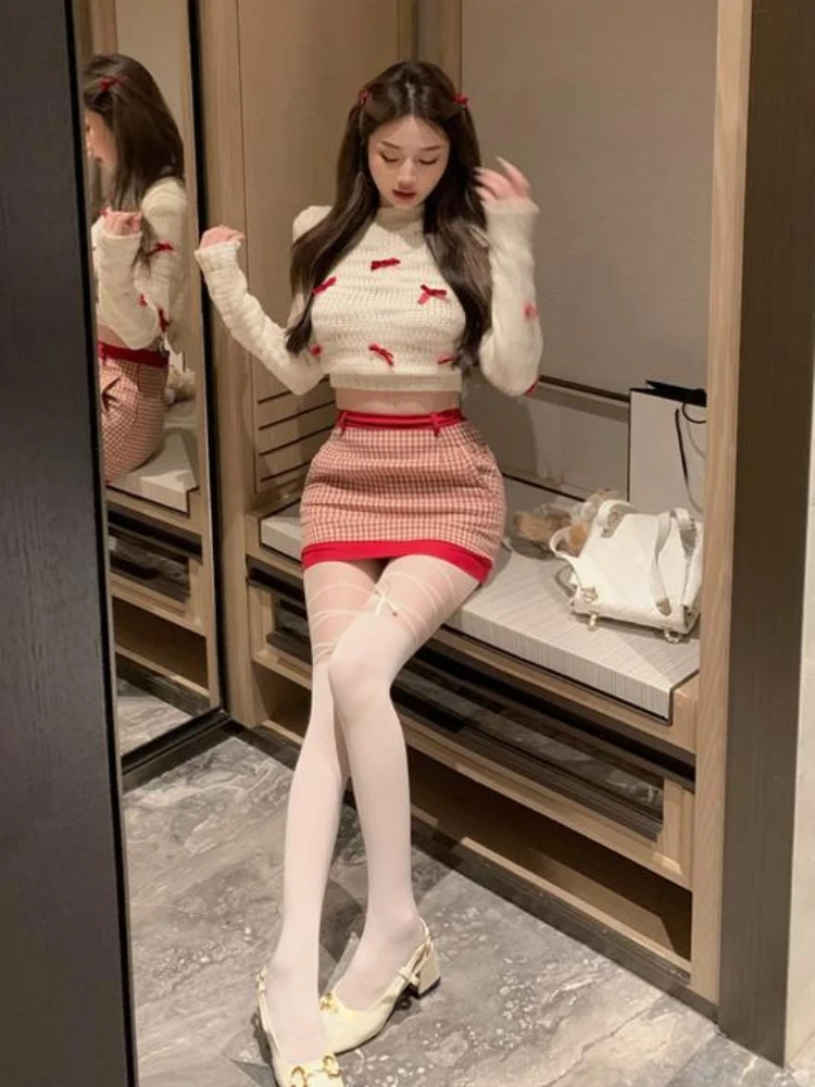 2023 Autumn Korean Fashion Clothing Suit Knitted Sweater Blouse + Mini Plaid Slim Bodycon Skirt Eleagant 2 Piece Skirt Set Woman