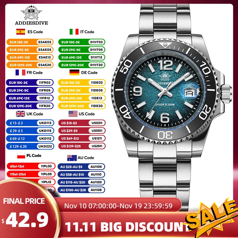 

ADDIESDIVE New Quartz Watches 41mm Japan 2115 AR Coated 200m Waterproof Diver Watch BGW9 Super Luminous Stainless Mens Clock