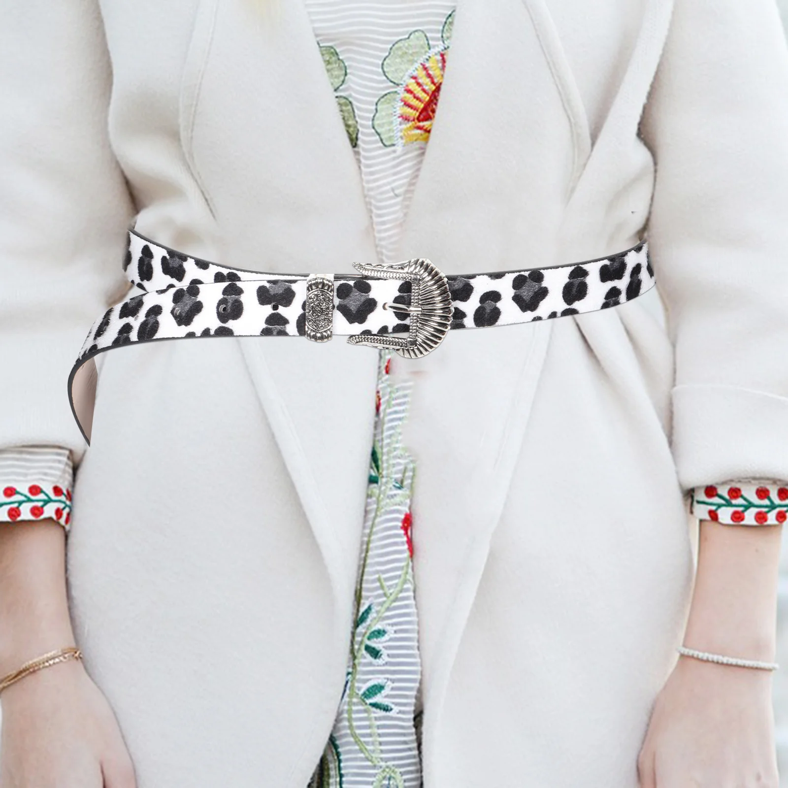 

Vintage Leopard Print Artificial Belt Retro Western Buckle Adjustable Waistband Fashion Dress Belt Women