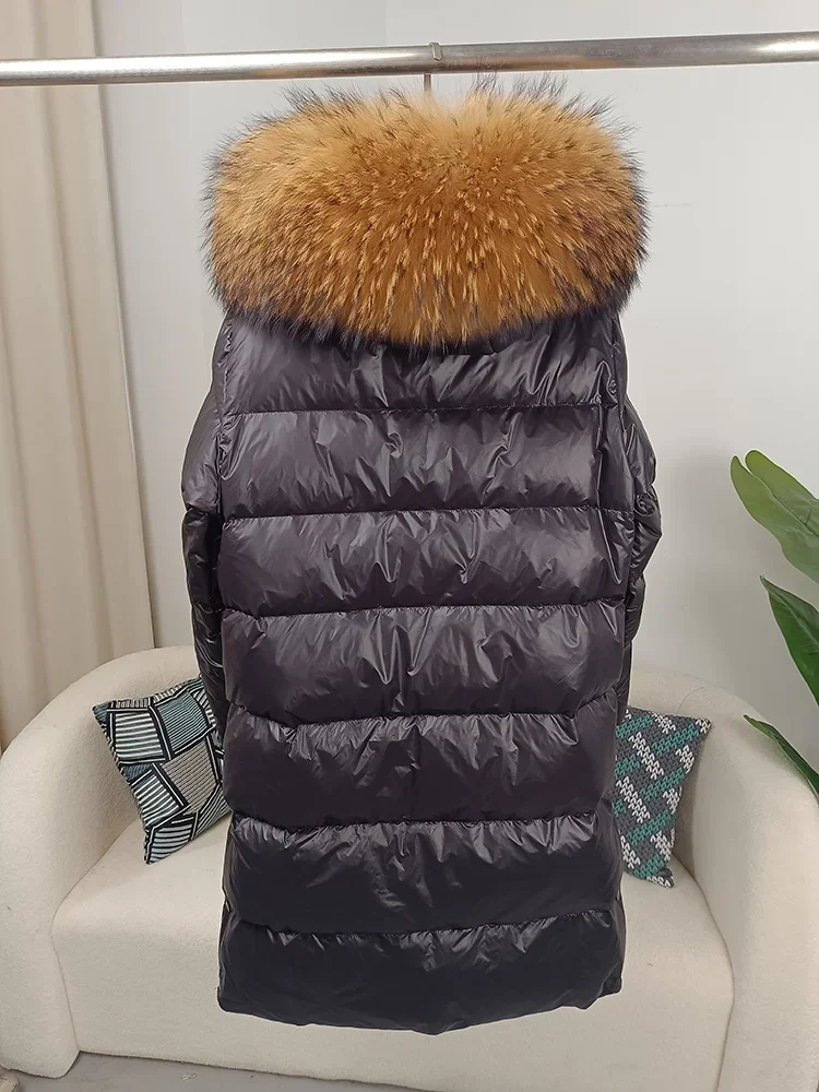 Novo 2025 jaqueta de inverno feminina pele de raposa real gola de pele de guaxinim com capuz grosso quente pato para baixo longo streetwear outerwear destacável