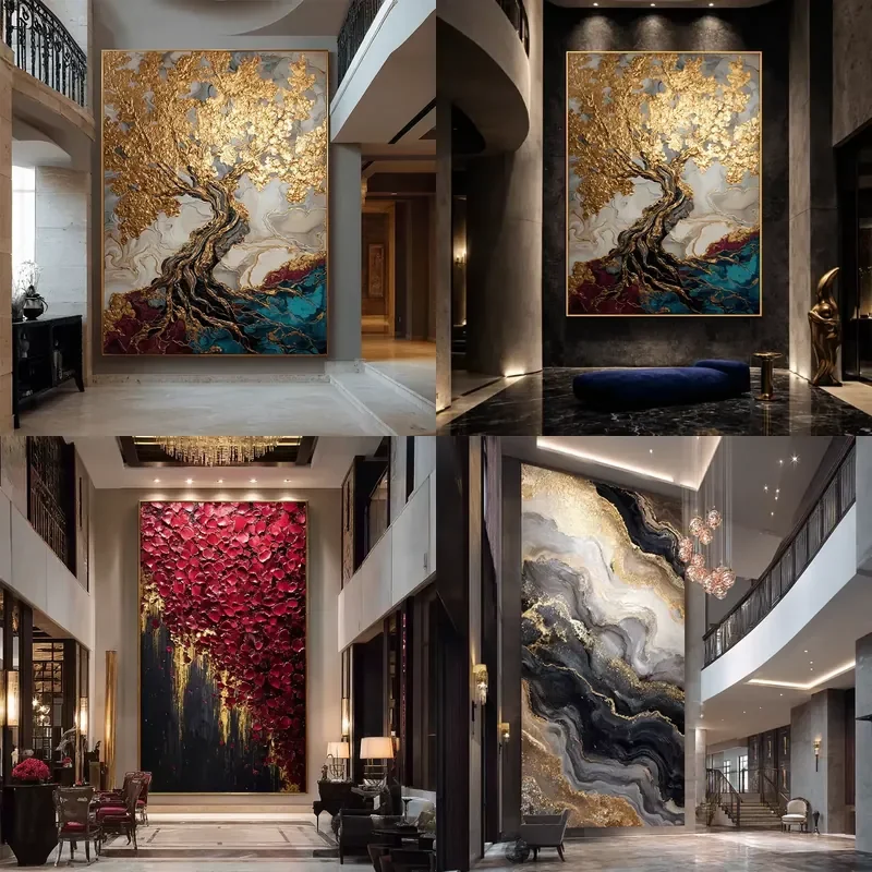 Hand-painted Golden Tree Abstract Oil Painting Heavy Textured Gold Leaf Prosperity Tree Wall Art Painting