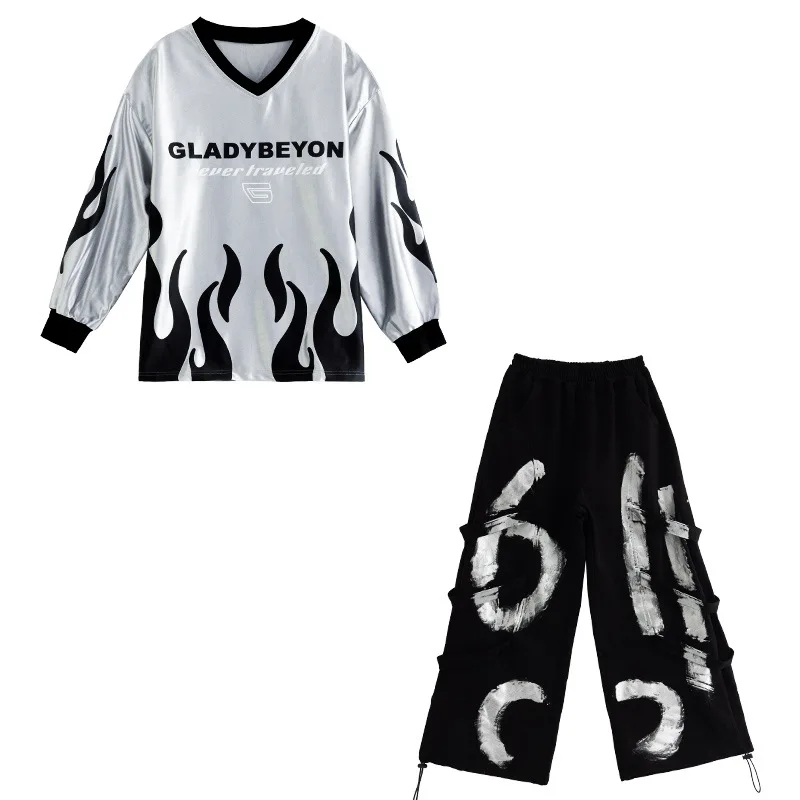 Dziecięca odzież Kpop Hip Hop Szara bluza z płomieniami Krótki top Graffiti Spodnie dresowe na szelkach dla dziewczynki i chłopca Stroje do tańca ulicznego