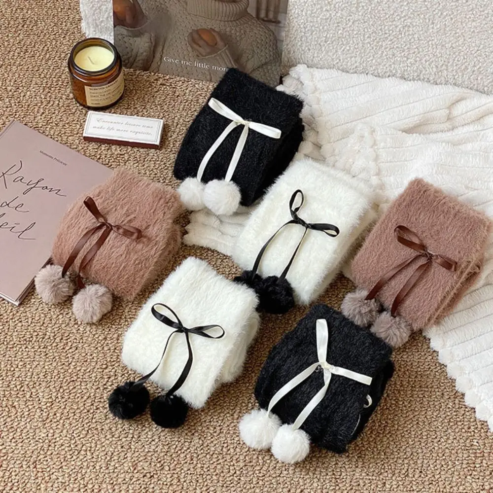 

Y2k Норковые меховые гетры Утолщенные милые балетные плюшевые чулки Плюшевые шарики Носки с ворсом Лолита Гетры с бантом Осень Зима