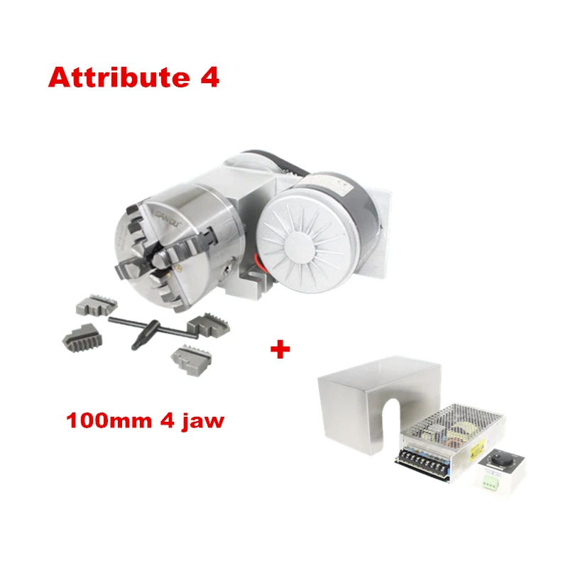 

Adjustable Speed 4th Axis 100MM Chuck Rotary Axis with Motor 3/4-jaws C with Protective Cover Can Speed Control for Wood Router