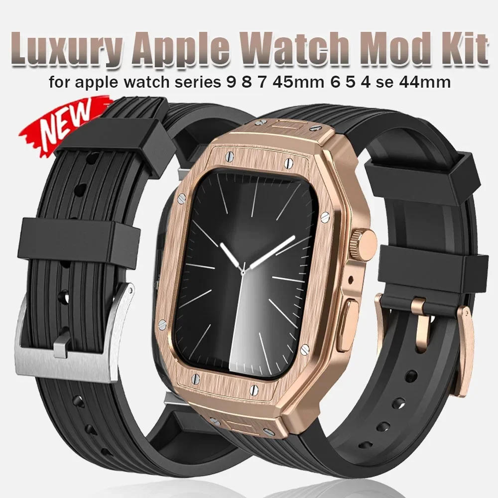 

Роскошный модифицированный комплект для Apple Watch 9 8 7 45 мм для iWatch серии 6 5 4 se 44 мм металлическая фотография + ТПУ ремешок Сменные аксессуары
