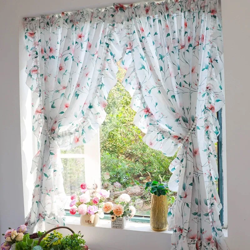 France Idyllic Light Lace Window Tulle Curtain Living Room Warp Ruffled Rural Gauze Door Curtain for Kitchen Bedroom #A618