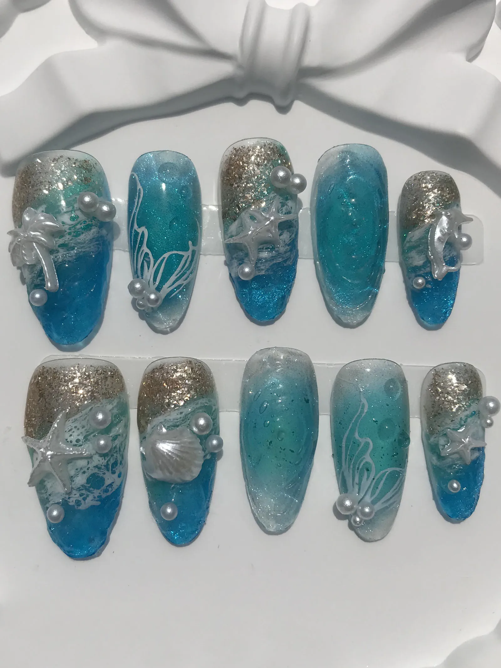 Handmade False Nails Almond Nails Ocean Theme Mermaid, Starfish, Seashell, Little Dolphin
