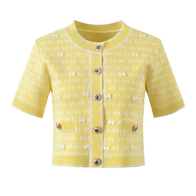 Women Sweet Bow Print Knitted Cardigan Single-breasted O Neck Short Sleeves Versatile Casual Black Pink Small Fragrance Top