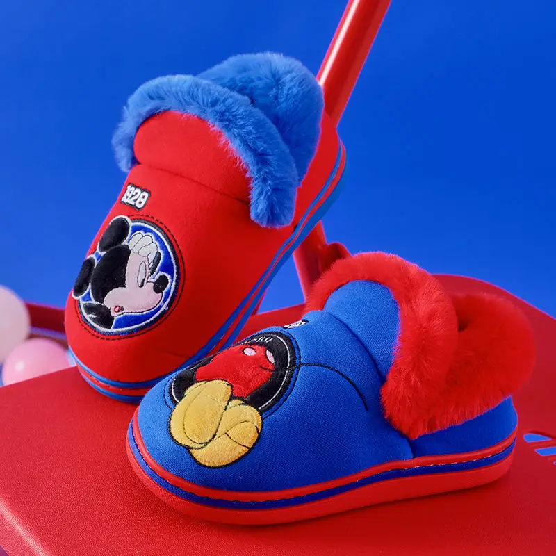 Disney Home Shoes Slipper For Childrens Mickey Mouse Winter Warm Cotton Red Blue Non-slip Indoor Shoes For Kids Size 15-18cm