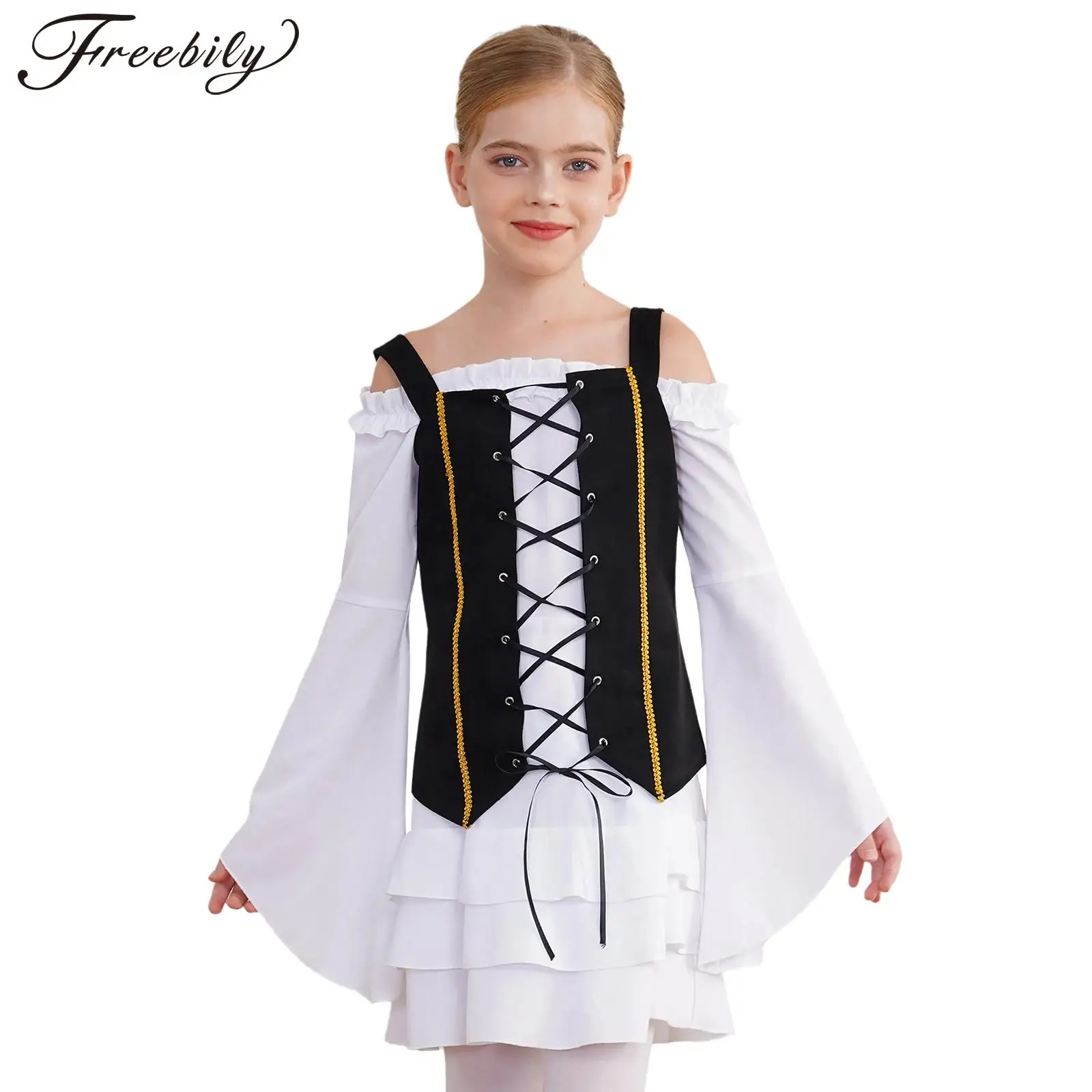 Girls Halloween Victorian Pirate Cosplay Costume Long Sleeve Tiered Dress with Lace-up Suede Steampunk Vest for Carnival Party