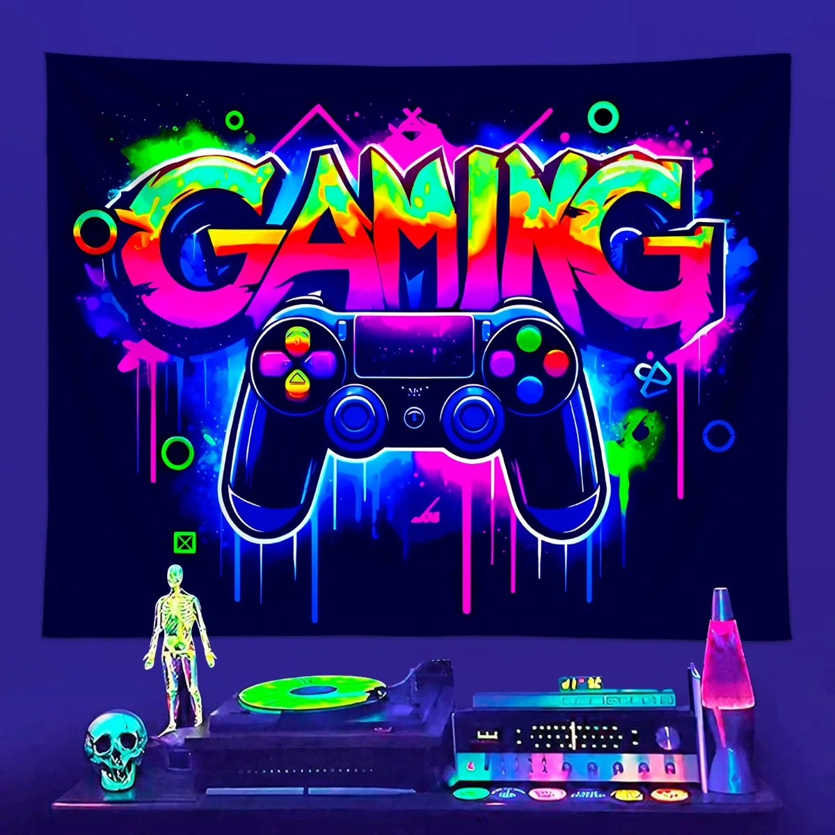 VIKAMA Fluorescent Graffiti GAMING Controller Tapestry Blacklight Reactive Gaming Room Wall Hanging for Bedroom Dorm Decor