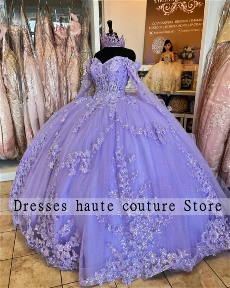 Vestido de baile de lavanda mexicana con hombros descubiertos, quinceañera, Apliques de encaje con cuentas, vestidos de cumpleaños dulces 16,