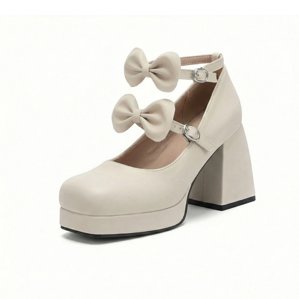 

Women's Velvet PU Mary Jane Platform Chunky Heels with Double Bow Plus Size 34-48 Sweet Lolita Shoes 5 Colors Available 7785