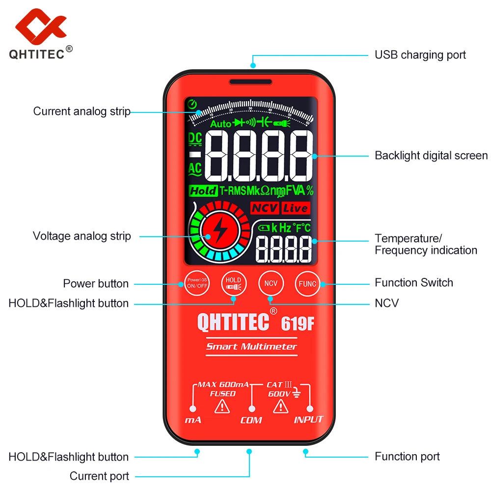 Qhtitec เครื่องวัดแรงดันไฟฟ้าแบบมัลติมิเตอร์, มัลติมิเตอร์แบบดิจิทัล5999แบบมืออาชีพตัวเก็บประจุโอห์มไดโอด NCV Hz เครื่องทดสอบสายไฟสด619