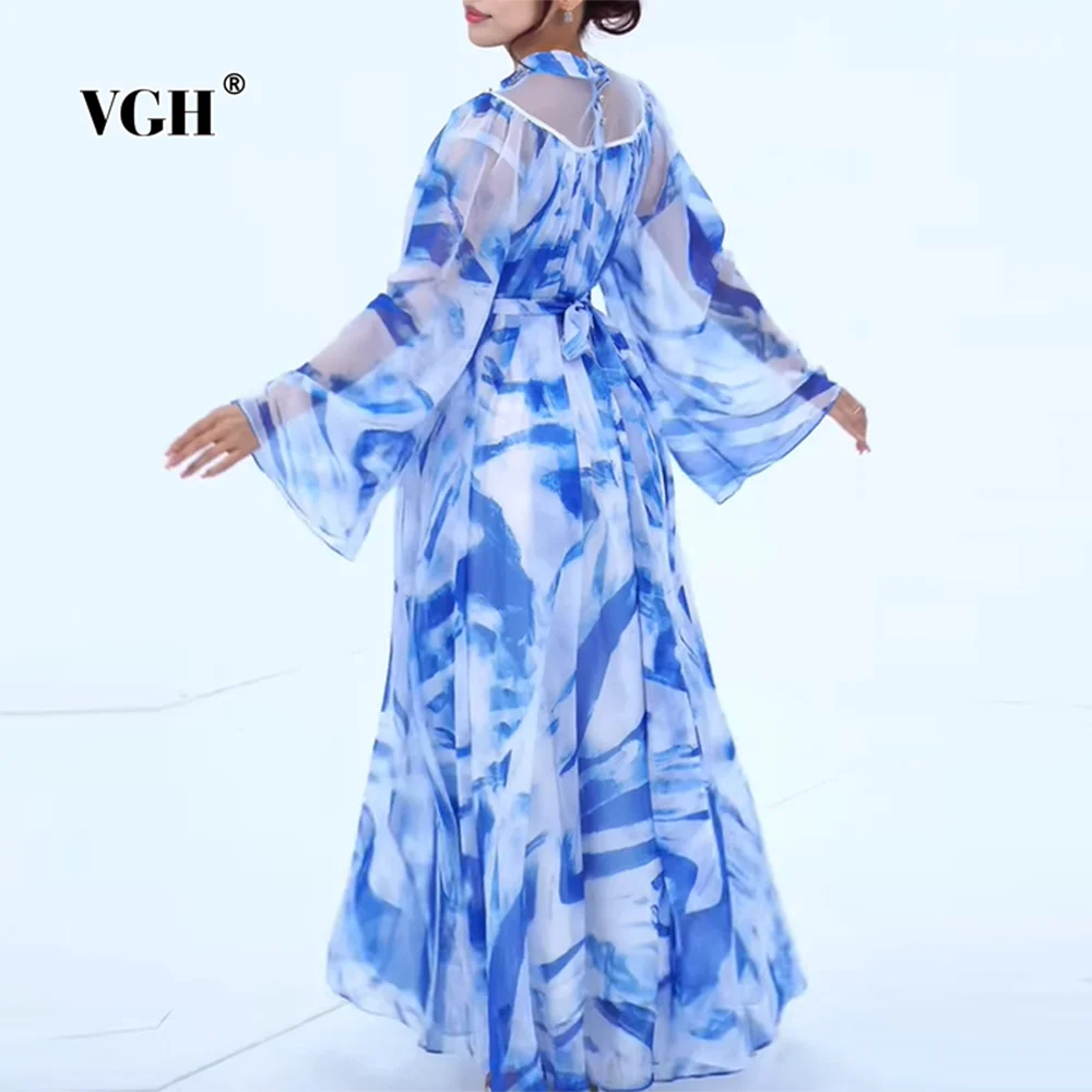 VGH Colorblock พิมพ์ Spliced Sheer ตาข่ายชุดผู้หญิงขาตั้งคอ Patchwork เพชรแขนยาวหลวมพับชุดหญิง