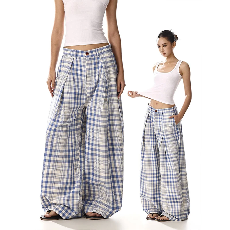 American Retro Plaid Wide Leg Pants Woman Summer High Waisted Straight Leg Trousers Women Button Casual Loose Long Pants