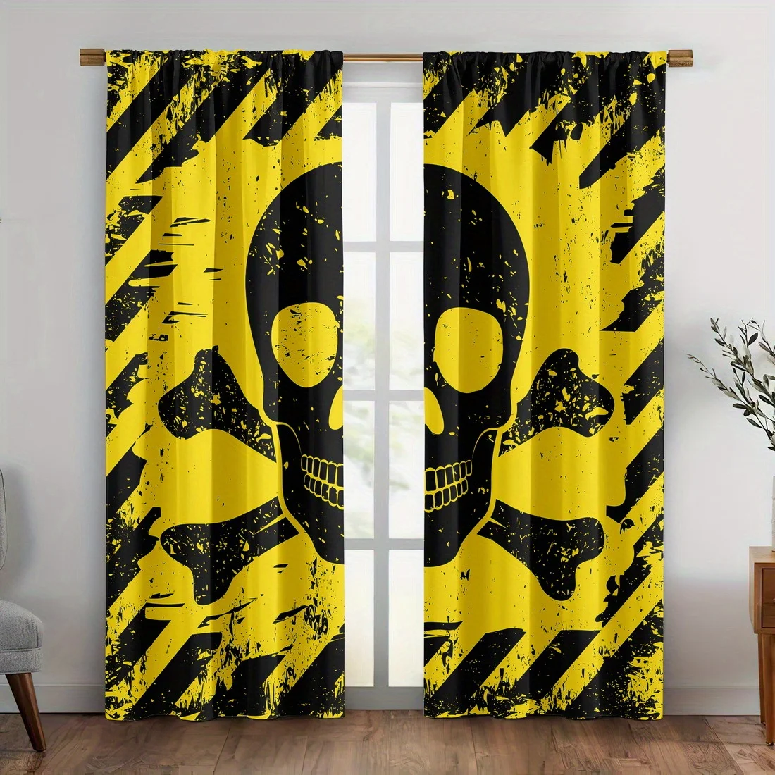 Bold Yellow Black Pirate Skull Crossbones Window Curtains Drapes for Living Room Bedroom Scary Nautical Theme Waterproof Curtain