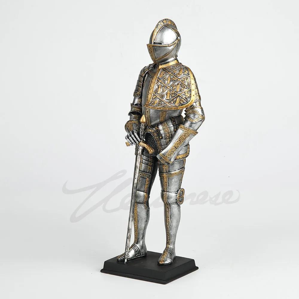 Resin Renaissance Knight Statue Silver Tone Gilt Decorated Full Plate Armor Figurine with Long Sword Home Tabletop Decoration