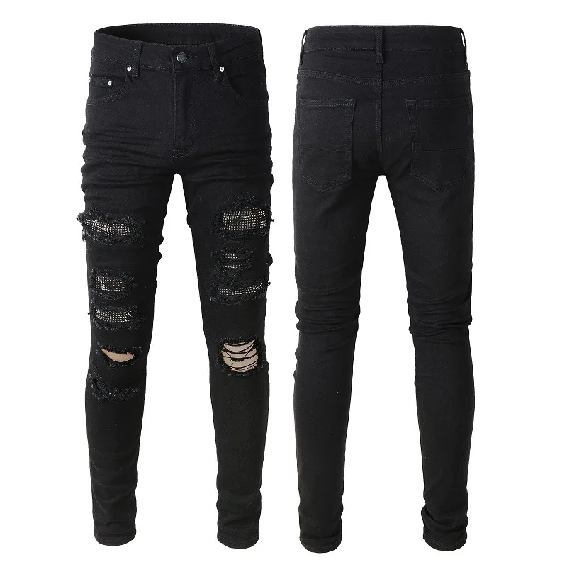 

European and American Individuality High Street Fashion Trendy Men Jeans, Ripped Diamond-Studded Slim Fit Elastic Slimming Jeans