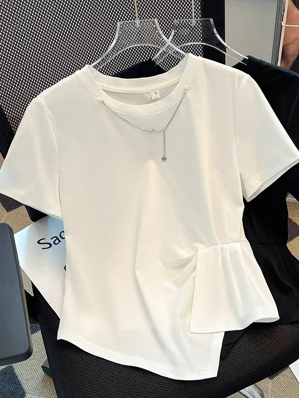 

Summer New Casual round Ne ort Sve White T-irt Women Irregular Waist Slimming Top Faionable Korean Sle Straight Cut