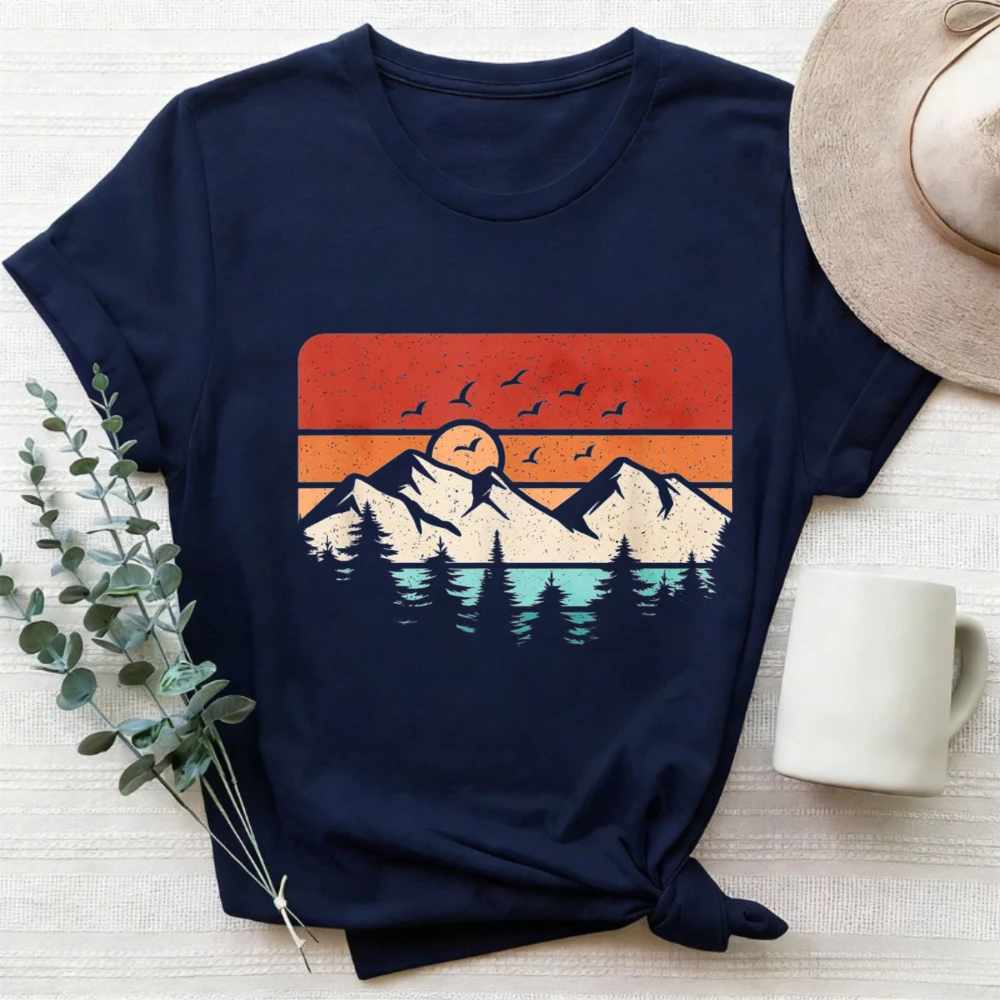 Retro Sunset Mountain Landscape Forest Pine Tree Graphic Men Cotton T-Shirt Harajuku Graphic T Shirts Gothic Aesthetic Clothes