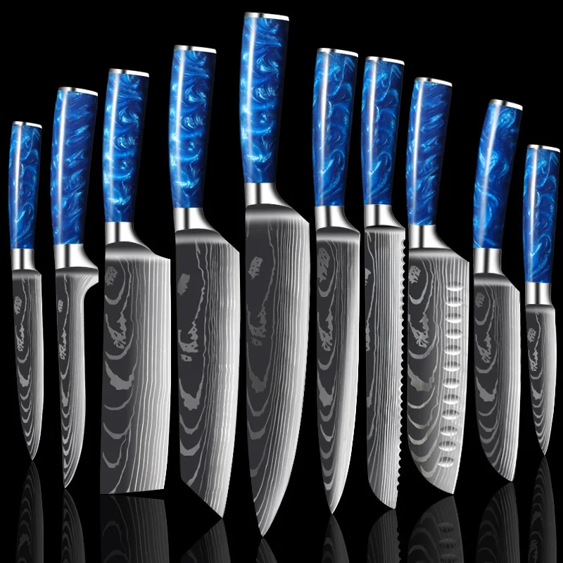 

TJ POP Stainless Steel Kitchen Knives 1-10 Pcs Sets Laser Damascus Pattern Sharp Japanese Santoku Kiritsuke Chef Cutting Knife