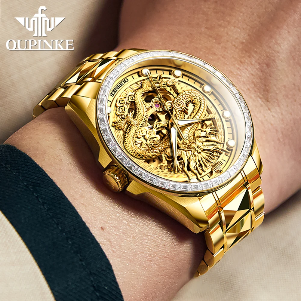 ساعات رجالية OUPINKE فاخرة من الفولاذ الناعم بنمط التنين الذهبي ساعة ميكانيكية أوتوماتيكية أصلية للرجال مقاومة للماء ومضيئة