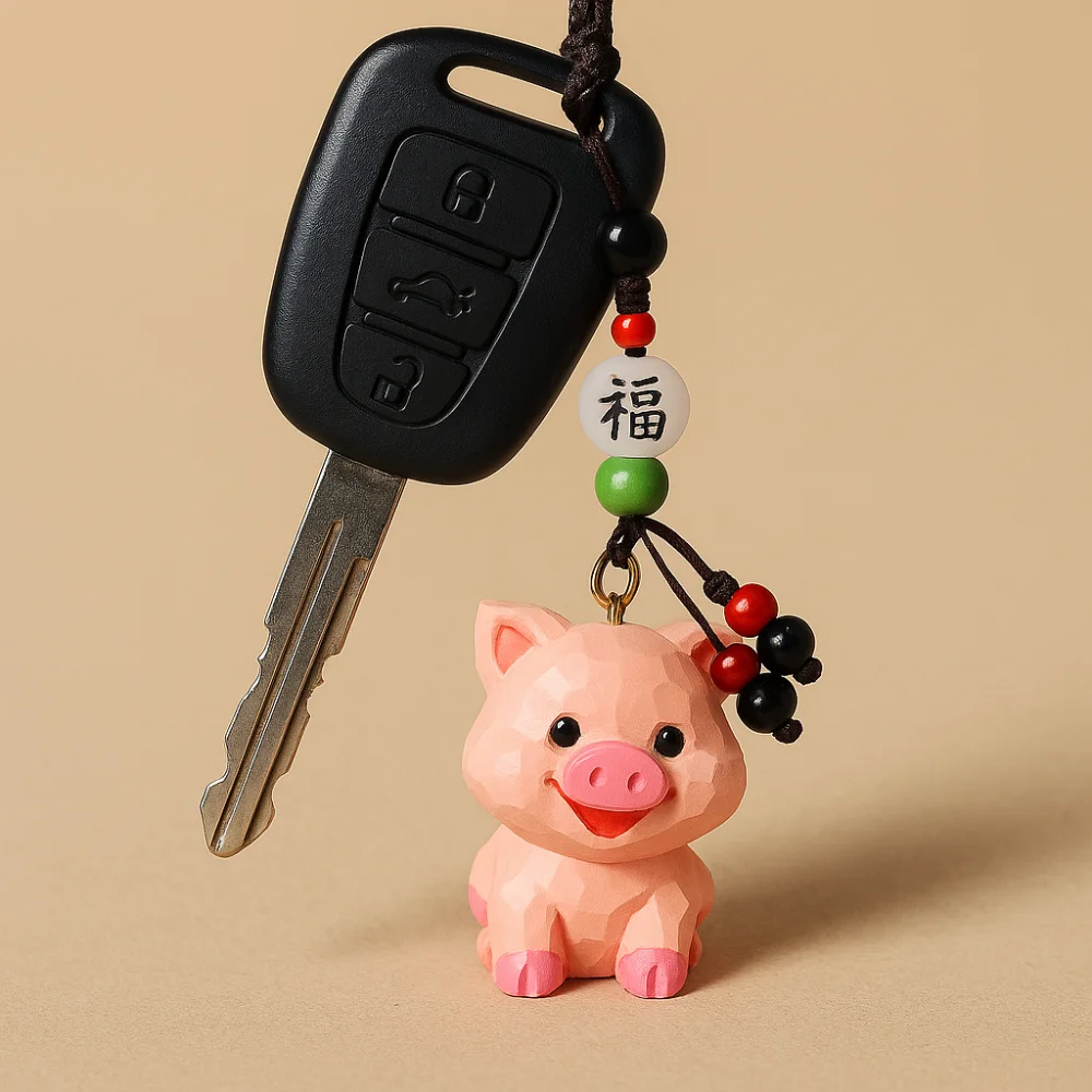 

Kawaii Flower Wooden Pig Keychain Beads Bag Hanging Carved Pig Dolls Pendant Ornaments Weave Rope Car Keyring Students