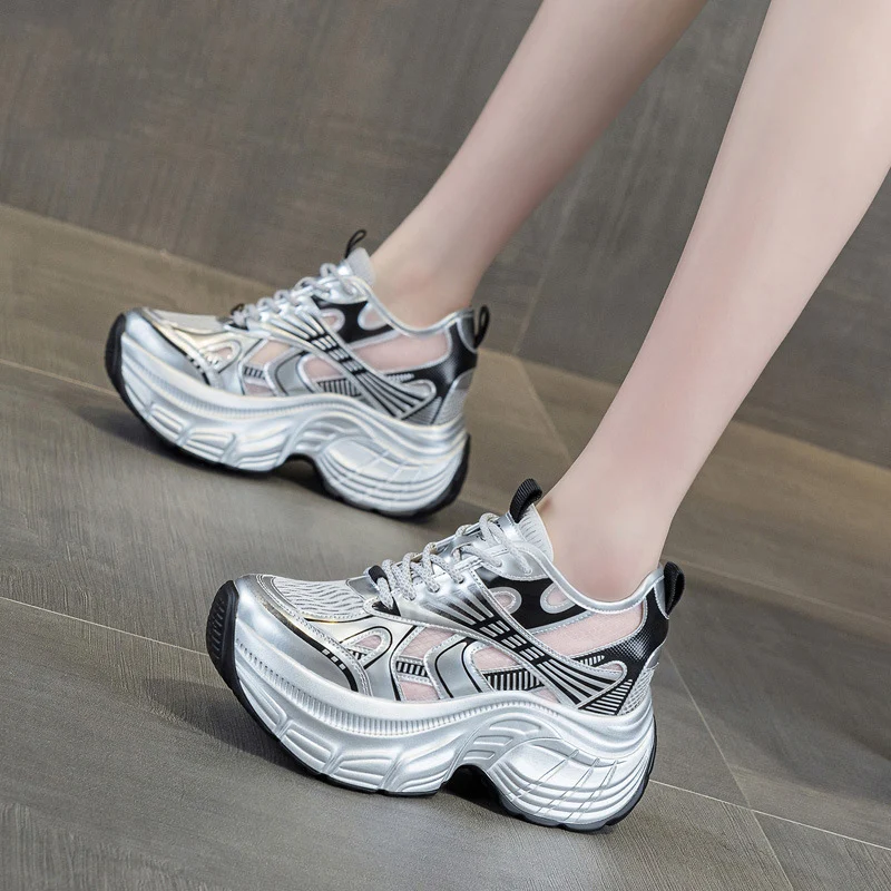 Baskets compensées 8 cm pour femme, respirantes en maille, style chunky, rehaussantes, décontractées, pour la marche et le sport