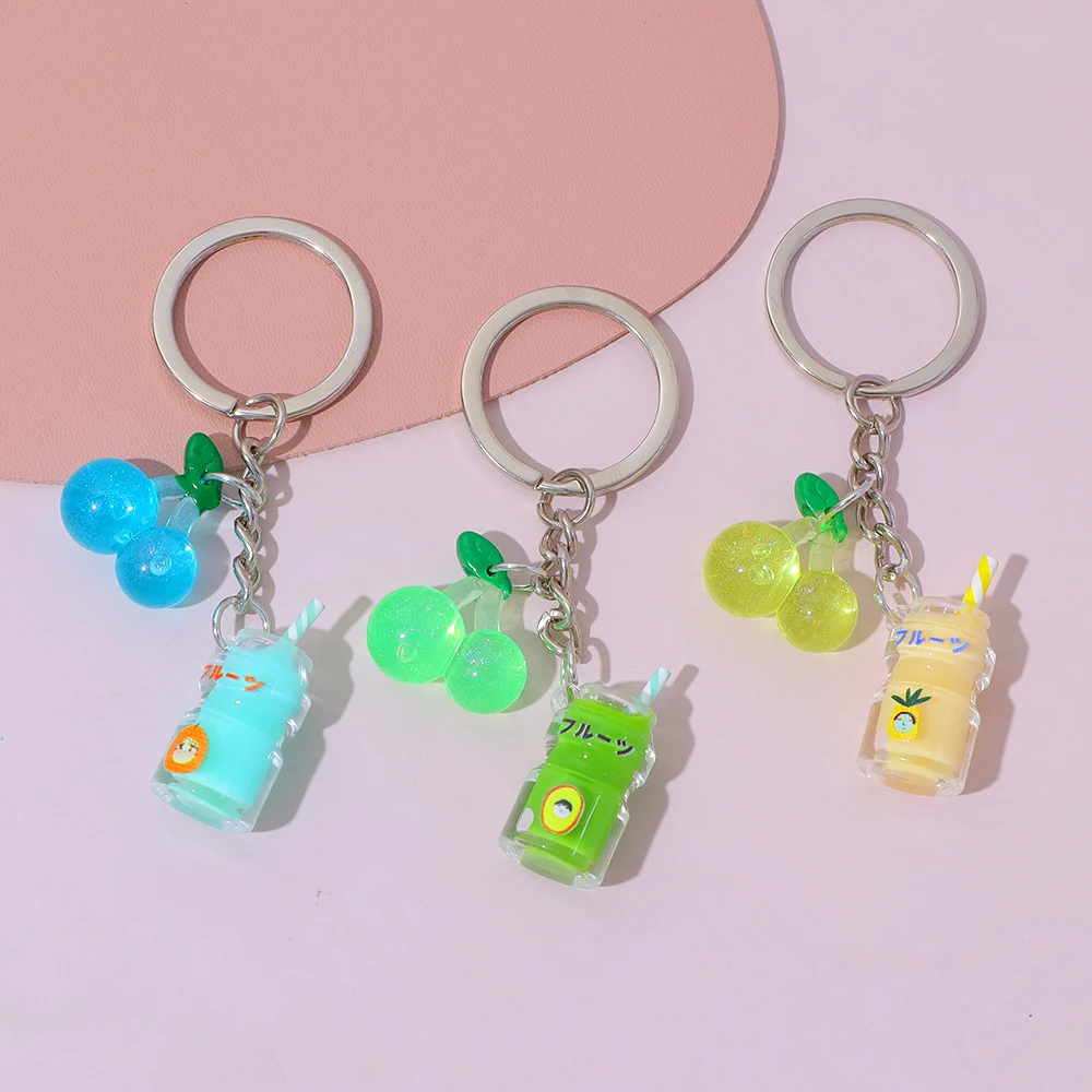 Colorful Drink Bottle Charms Acrylic Keyring Creative Cherry Keychain Handbag Ornaments Car Trinket Party Gifts Accessories