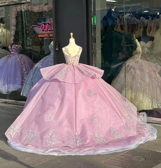 Luxo requintado rosa princesa quinceanera vestidos babados inchado applique espartilho fora do ombro vestido de 15 años quinceañeras