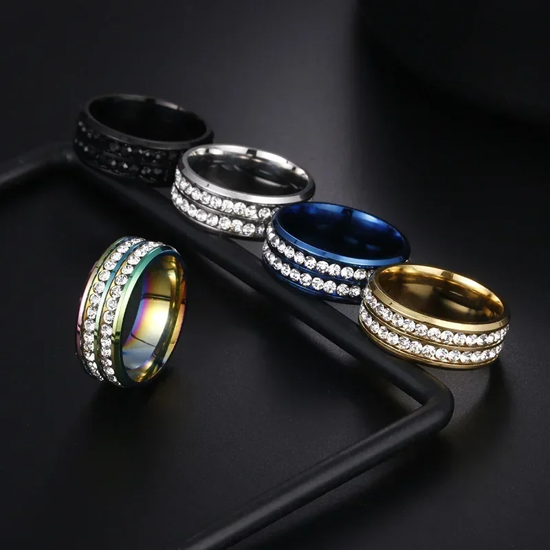 Trendy 8mm Double Row Black Rhinestone Ring For Men Women Fashion Rainbow Stainless Steel Ring Weddig Band Jewelry Drop Shipping