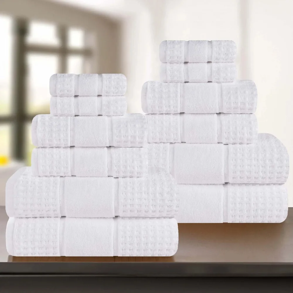 

Zero Twist Cotton Waffle Border 12-Piece Towel Set, White