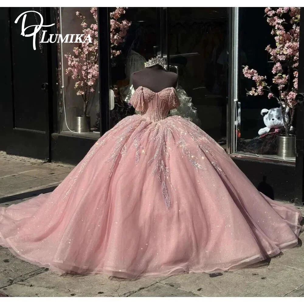 디티루미카 반짝이는 핑크색 여성용 킨세아녜라 드레스 2026 신상 프롬 파티 가운 스위트 15 드레스 맥시 이브닝 가운