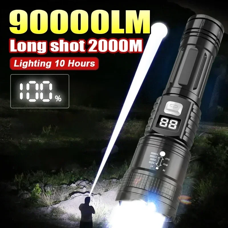 

LED Super Bright Flashlight USB Rechargeable Portable Ultra Power Torch Lamp Retractable Digital Zoom Powerful Light for Camping