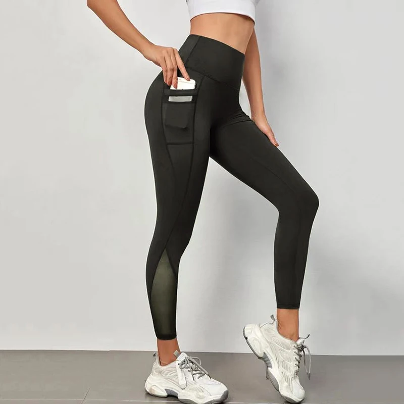 

Женские леггинсы для йоги с высокой талией и сетчатыми вставками, быстросохнущие, с карманами, для фитнеса, дышащие, для бега