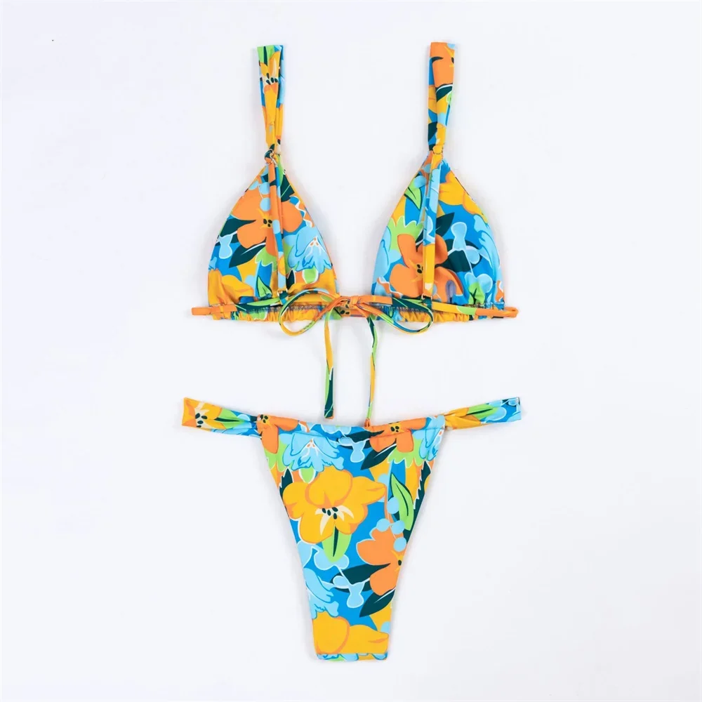 Maillot de bain deux pièces imprimé floral pour femmes, bikini string au dos, triangle, coussinets, vêtements de plage tropicaux, maillots de bain sexy, maillots de bain trempés, Y2K