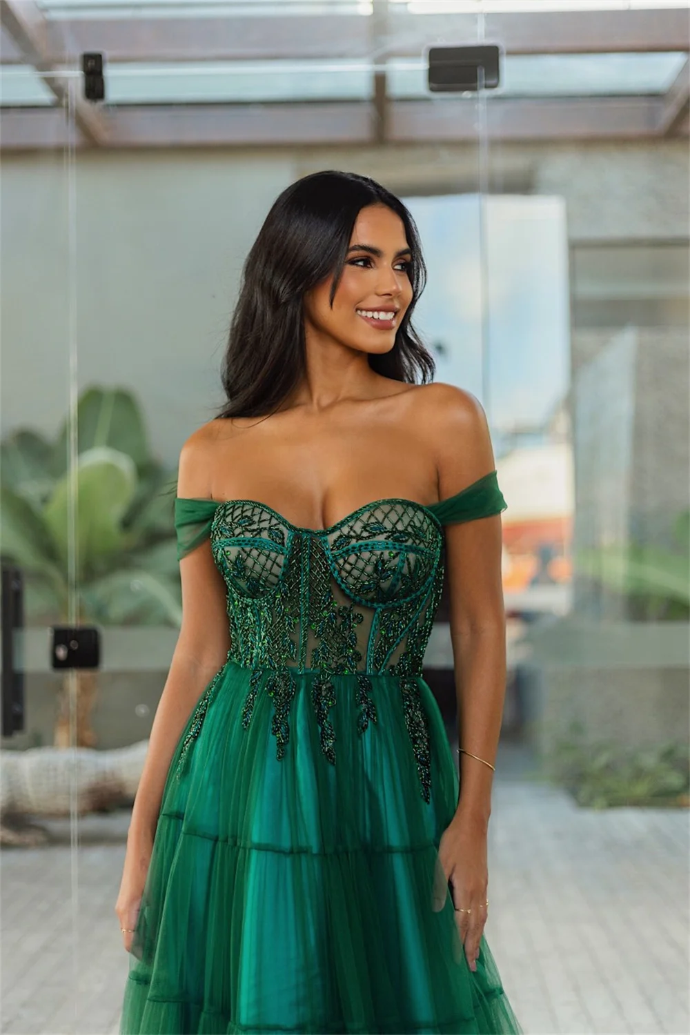 Vestido largo De Noche con hombros descubiertos para mujer, traje Sexy De tul con bordado De lentejuelas, caftán elegante, color verde, 2023