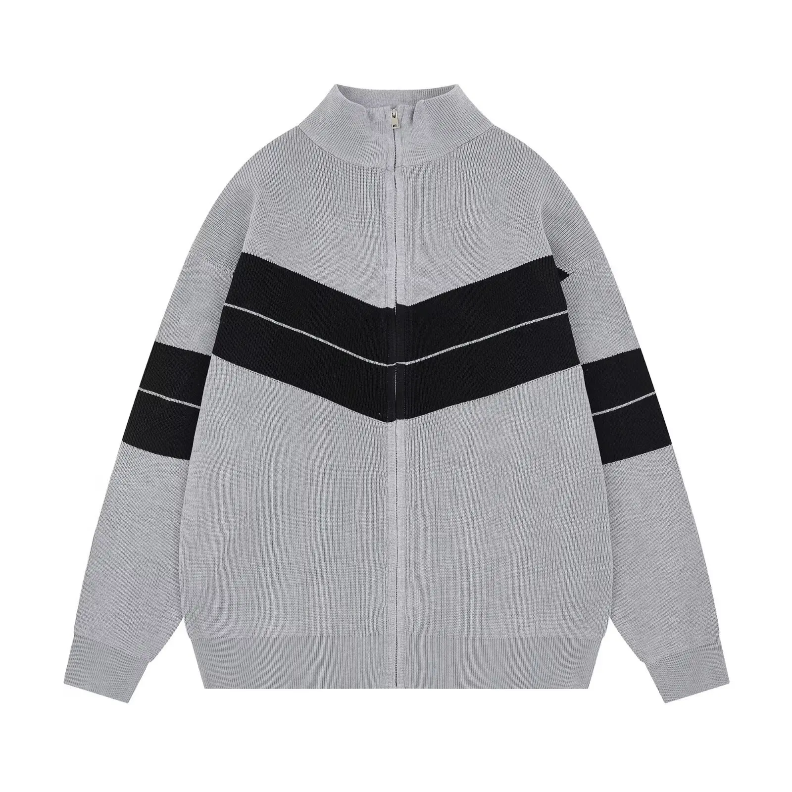 Maglione cardigan con zip e colletto rialzato coreano a contrasto Cappotto cardigan lavorato a maglia a righe con cerniera ampia autunno e inverno